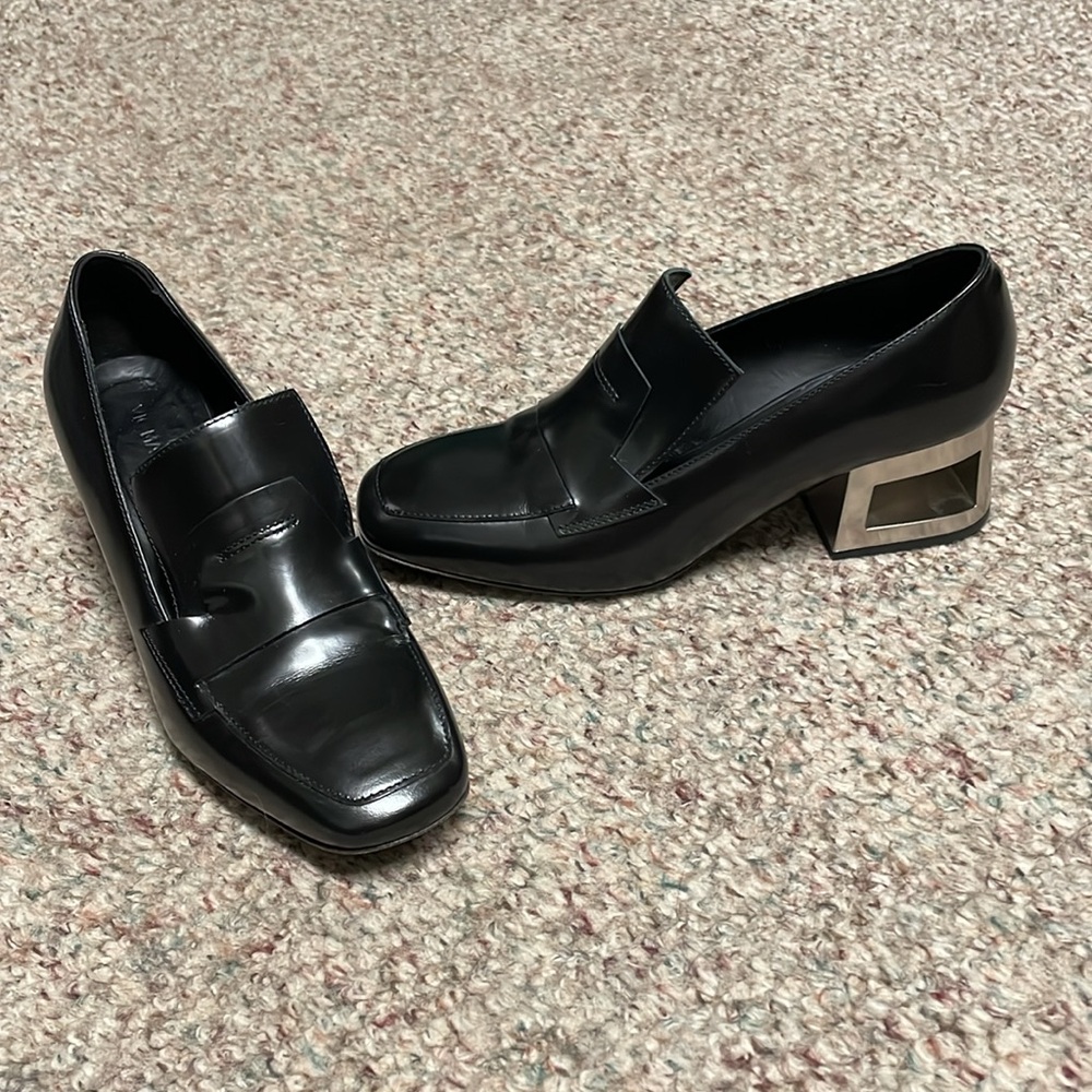 New Vic Matie silver open block heel loafers